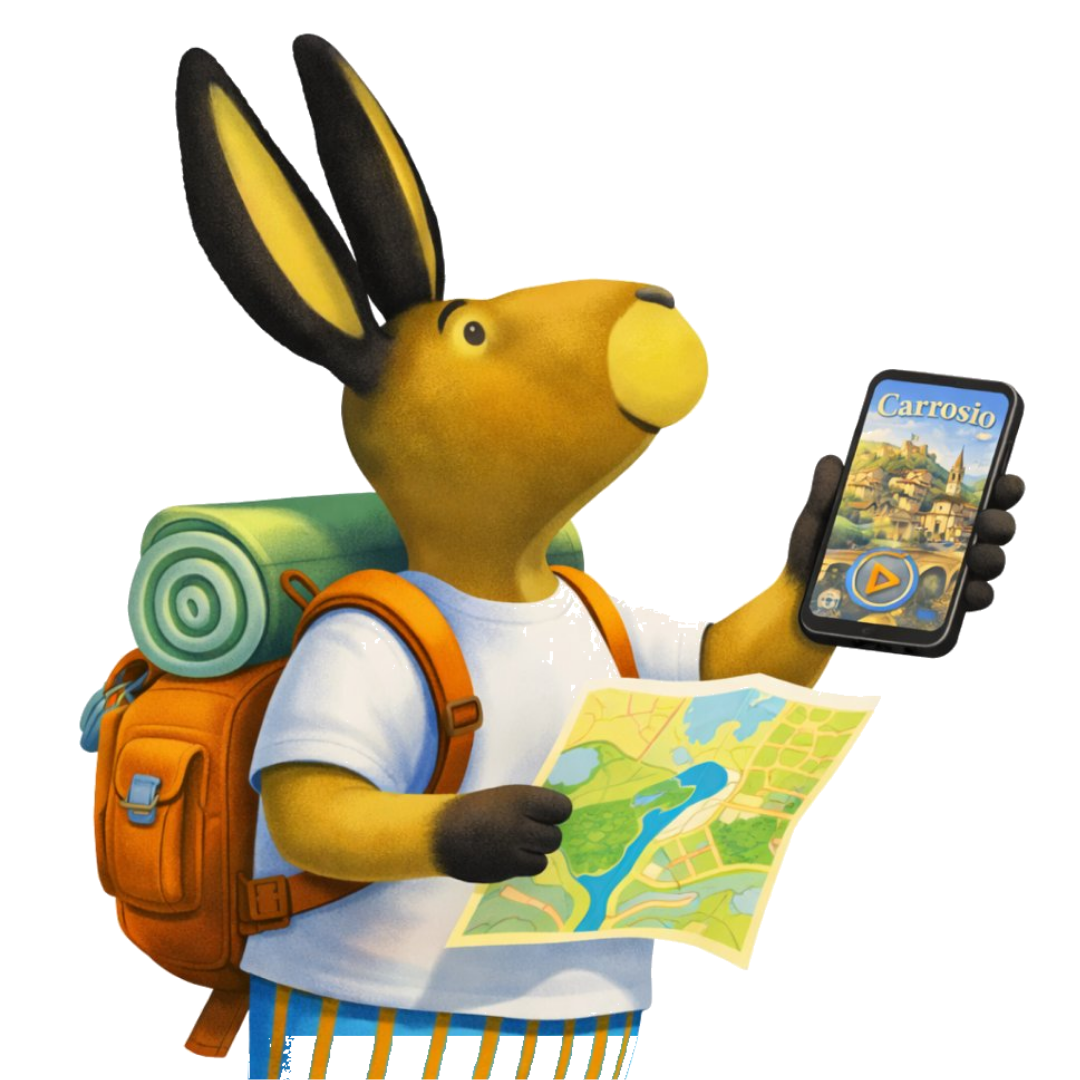 Il Leprotto, mascotte del progetto, con zaino, mappa e smartphone